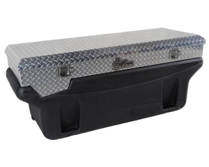 Titan Fuel Tanks Compact Locking Aluminum Diamond Plate toolbox secures two compartments (9901170)