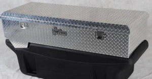 Titan Fuel Tanks Large Locking Aluminum Diamond Plate toolbox secures two compartments (9991150)